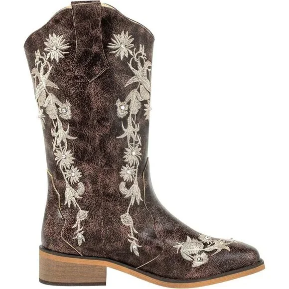 SheSole Womens Brown Ladies Cowgirl Boots Cowboy Mid Calf Square Toe - Picture 2 of 9